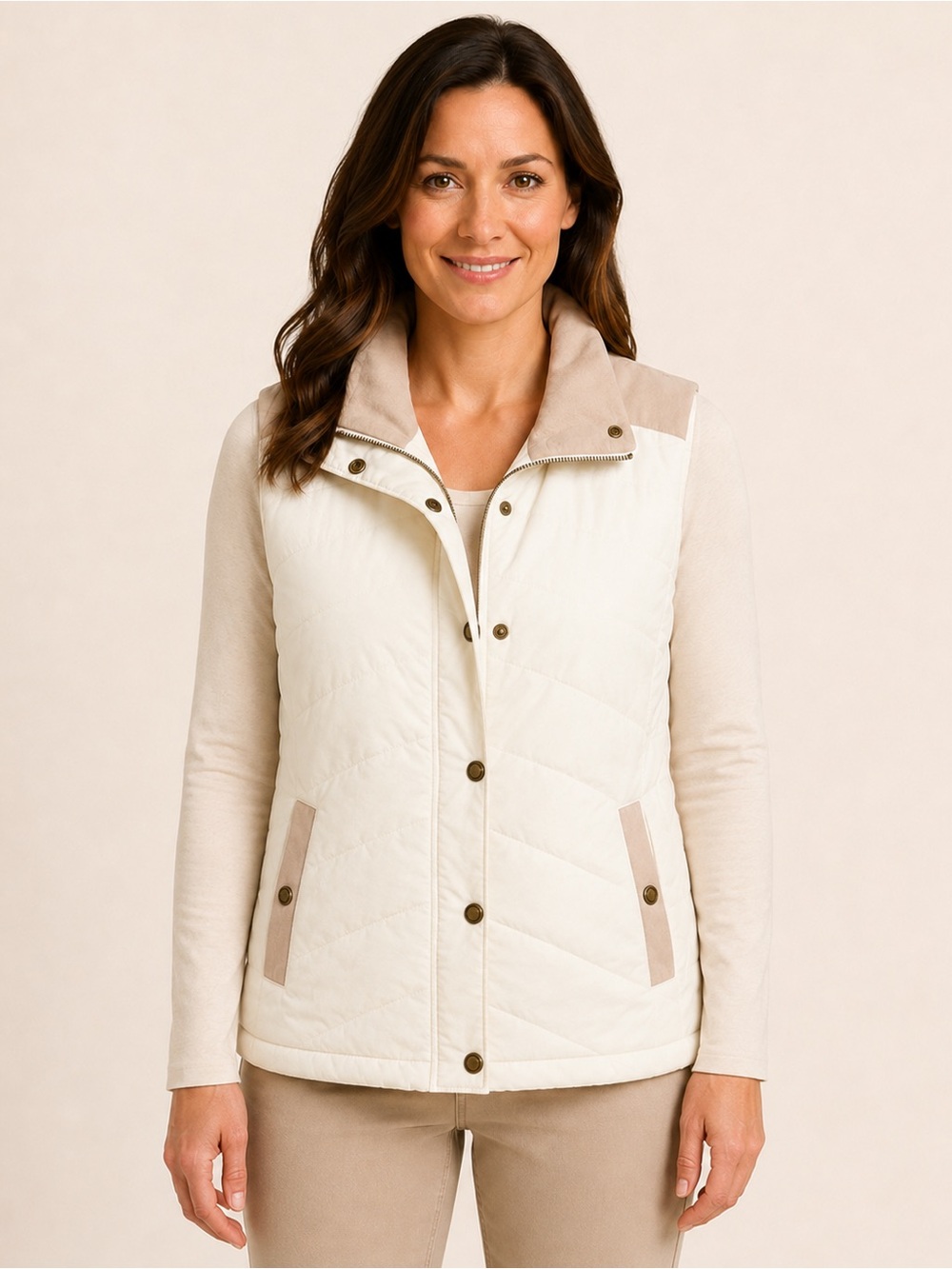 Natural Reflections Women’s Quilted Puffer Vest Ivory Tan Snap Front Size M